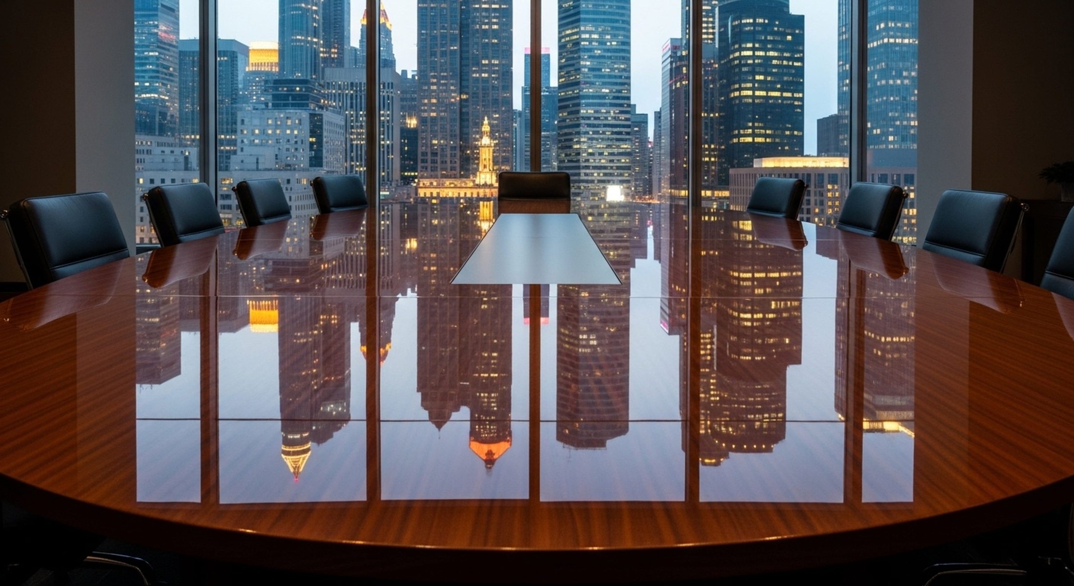 An executive boardroom at sunrise overlooking a city skyline, where consequential decisions are made